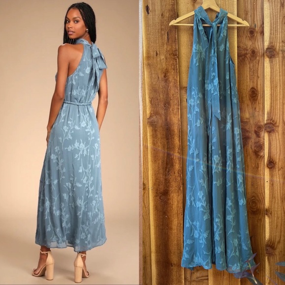 Slate Blue Jacquard Embroidered Halter Maxi Dress ๐ฟ - Picture 3 of 8